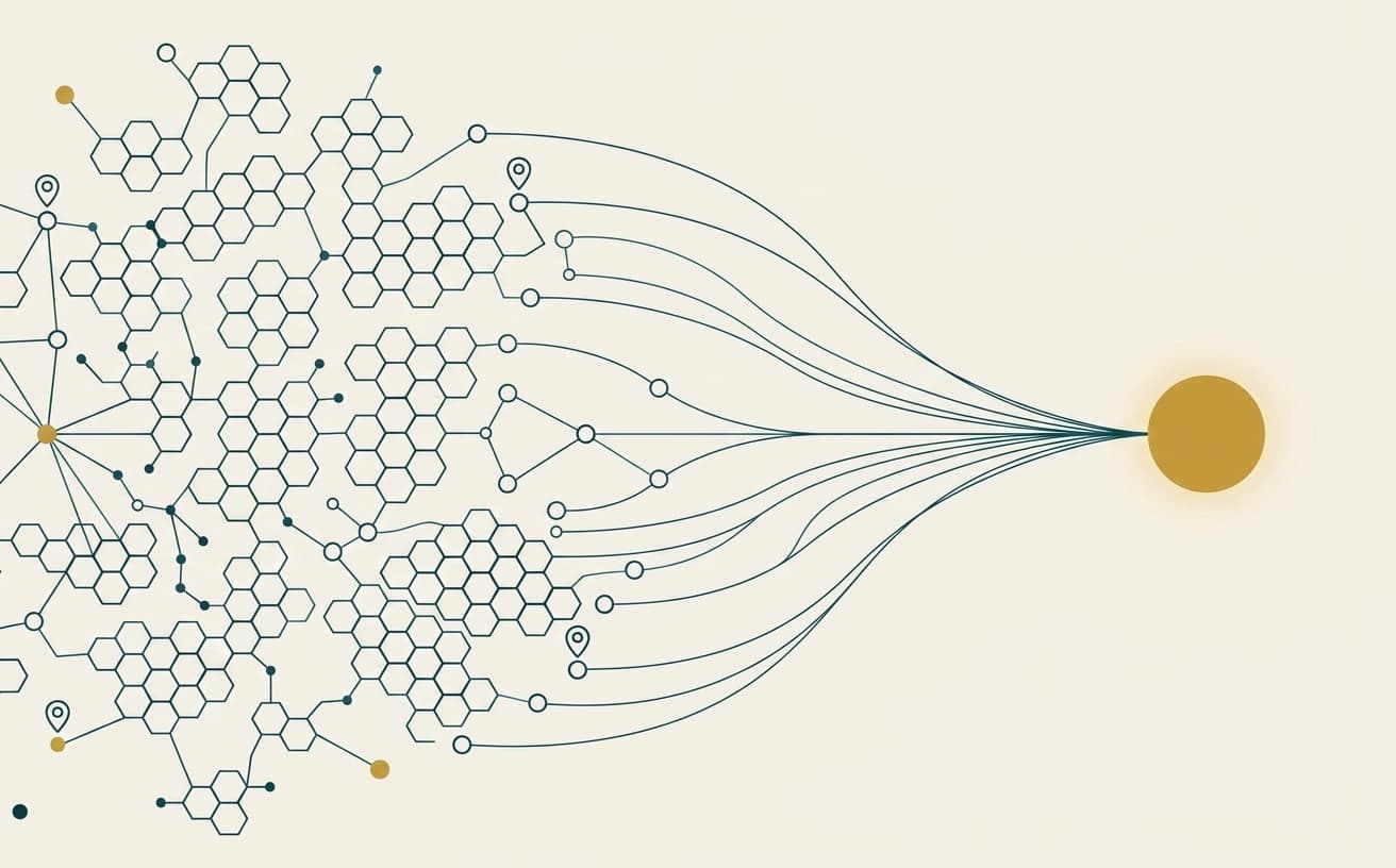 Monoline teal illustration of a hexagon honeycomb network feeding into a single glowing gold node representing an AI-generated answer