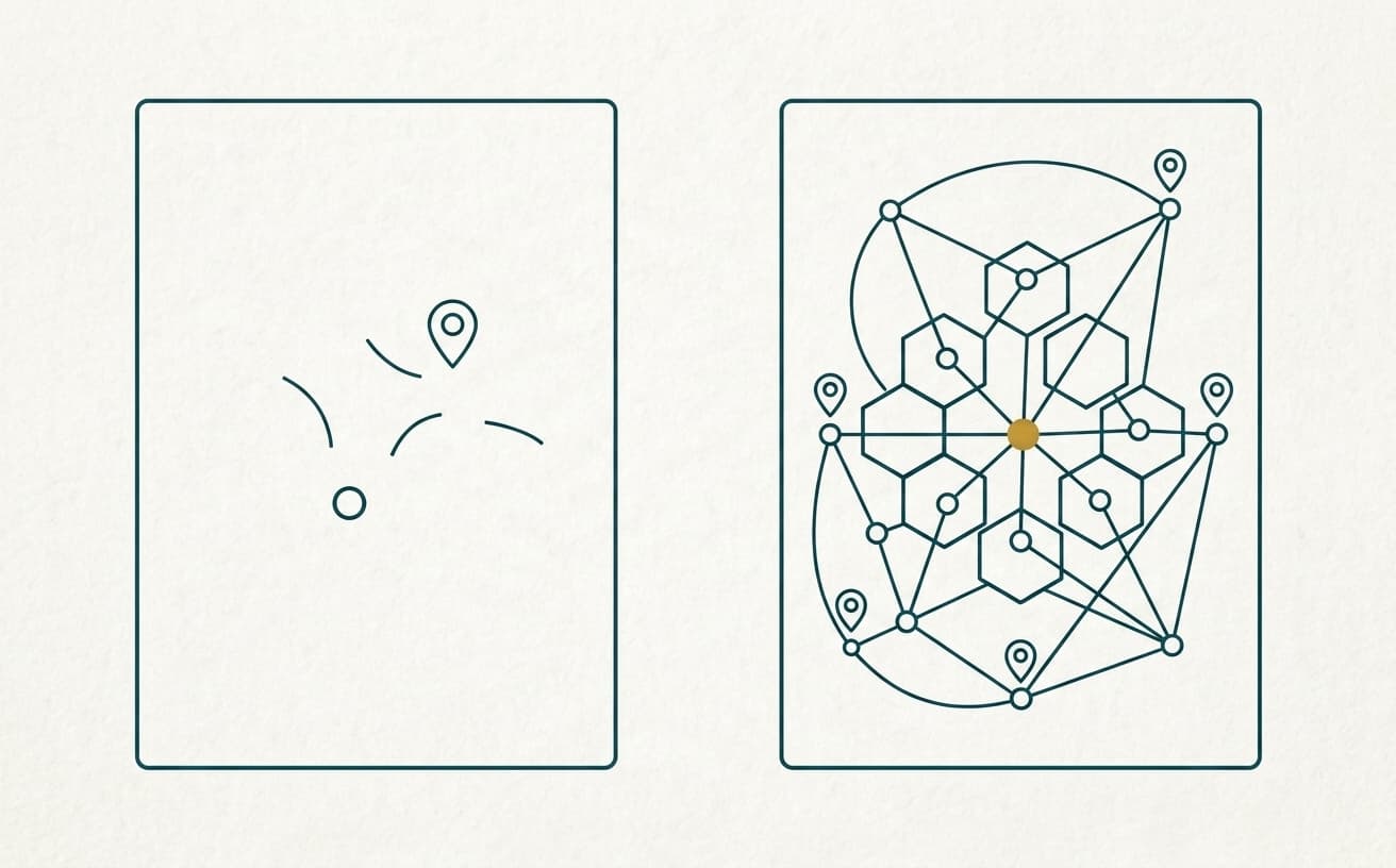 Monoline teal illustration comparing a sparse outline shopfront card to a fully detailed one with a gold spark node, side by side