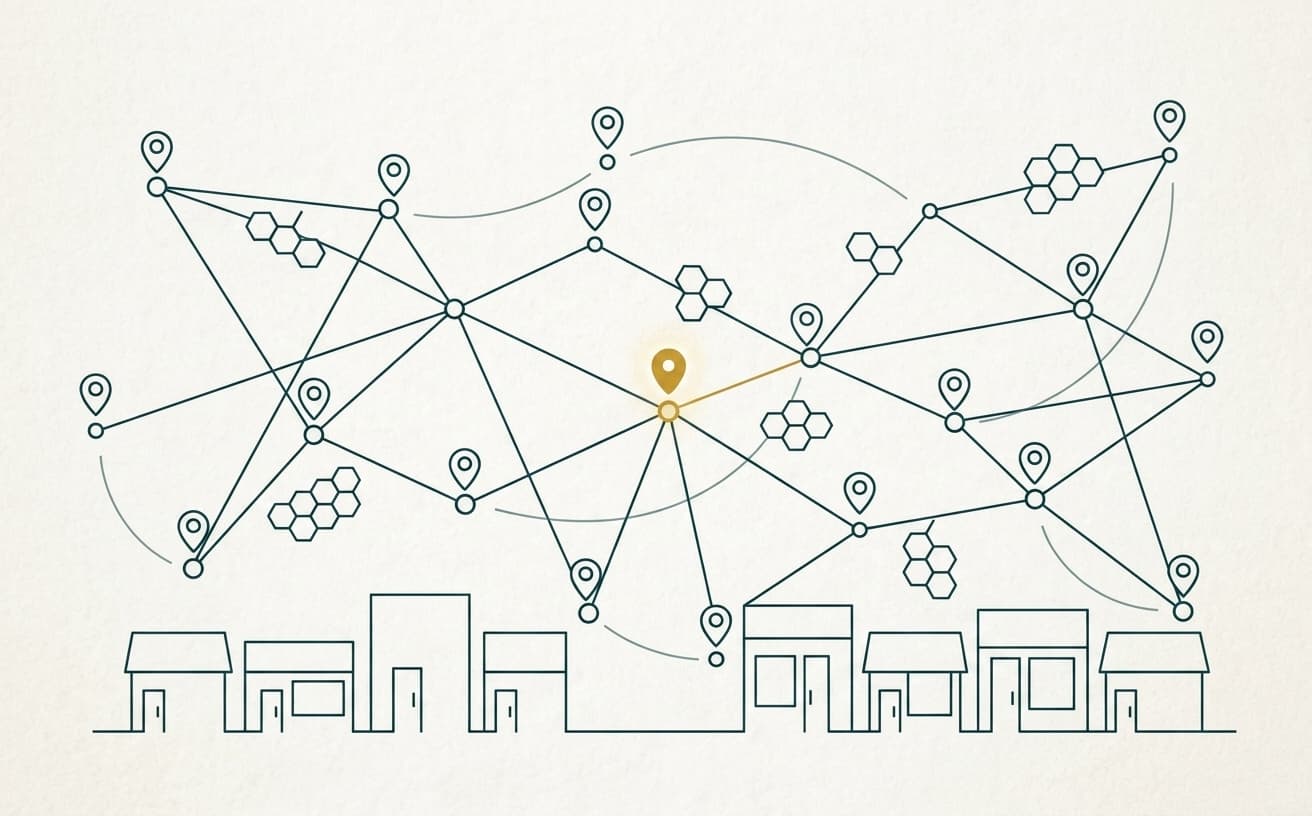 Monoline teal illustration of a network of map-pin nodes connecting shopfronts across a city, one node lit gold