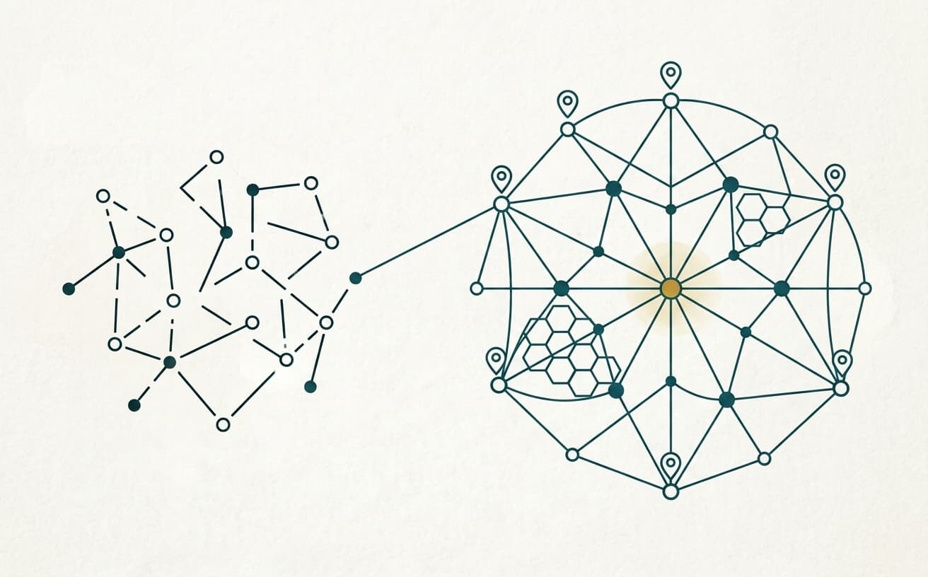 Monoline teal illustration of a cracked, disconnected node structure on one side rebuilding into a clean connected network on the other, gold spark at the center